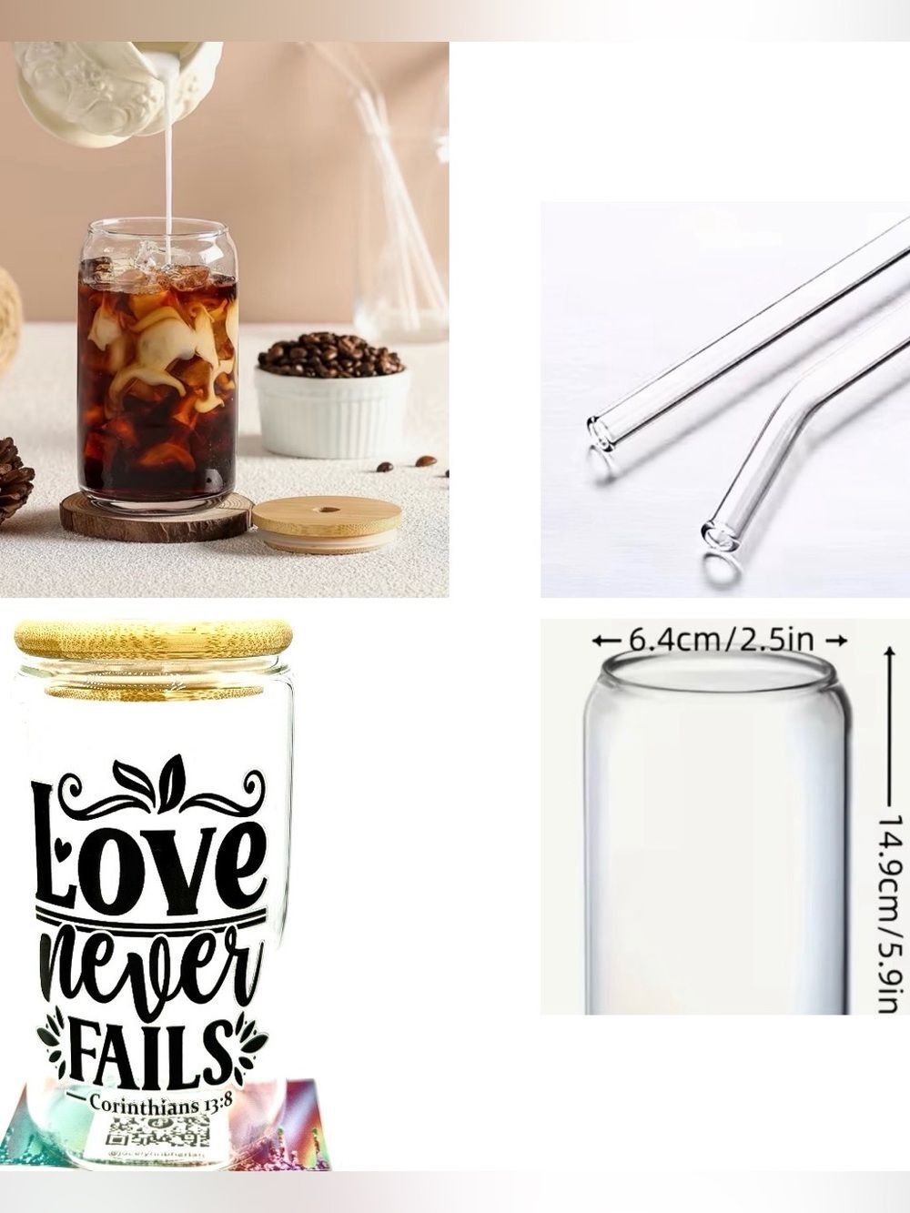 NWT LOVE NEVER FAILS CORINTHIANS 13:8 GLASS DRINK CONTAINER OTHER LISTINGS AVAIL